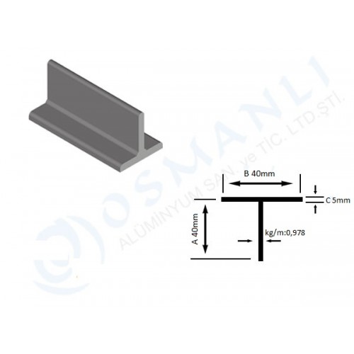 Alüminyum T profil 40mm X 40mm X 5mm Alüminyum T profil 40mm X 40mm X 5mm